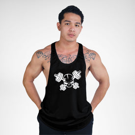 STR149 Crossed Barbell Skull Bodybuilder Stringer Tank Top