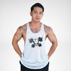 STR149 Crossed Barbell Skull Bodybuilder Stringer Tank Top